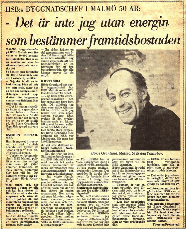 Börje Granlund HSBs Byggnadschef fyller 50 år 1977